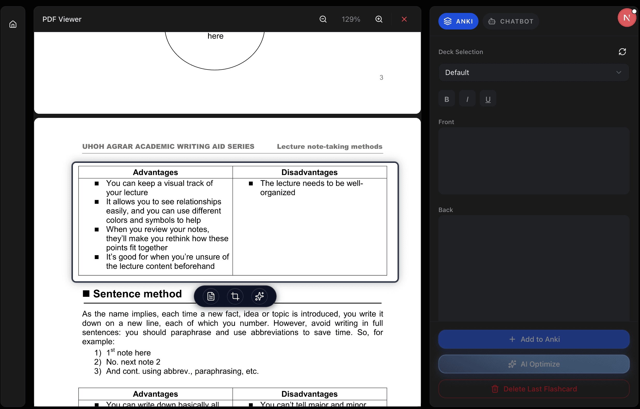 AnkiMax app screenshot showing PDF viewer and flashcard editor
